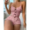 Pembe Üstüne Siyah Kalp Desenli Askılı Şortlu Pijama Takımı