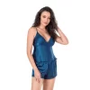 Petrol Mavi Saten Babydoll Şort Takımı