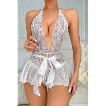 Luz&Pos Arias Closet Beyaz Dantel İşlemeli Özel Bölgesi Açık Fantezi Kurdelalı Body