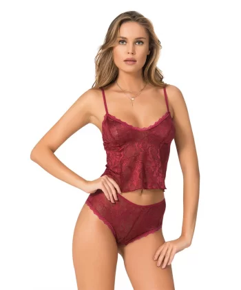 Bordo Jakarlı Babydoll Şort Takımı