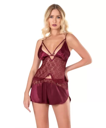 Bordo Saten Babydoll Şort Takımı