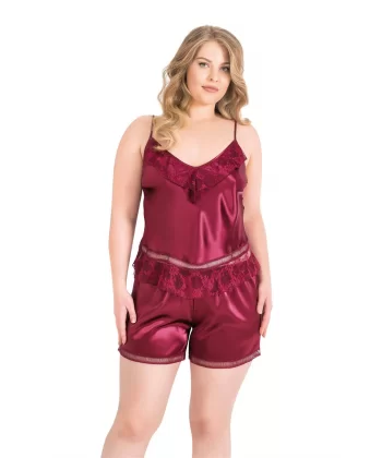 Büyük Beden Bordo Saten Babydoll Şort Takımı