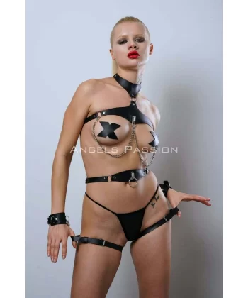 Deri Harness Takım, Deri Fantezi İç Giyim, Deri Clubwear, Dancewear - Brf1099