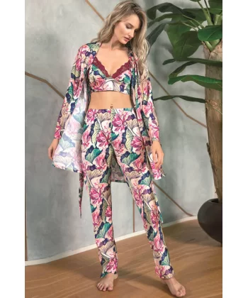 Floral Desenli Bralet Sütyenli Saten Pijama Sabahlık Takımı 5627