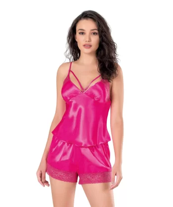 Fuşya Saten Babydoll Şort Takımı