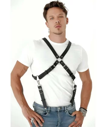 Göğüs Detaylı Arkadan Bağlamalı Erkek Deri Harness - Brfm84