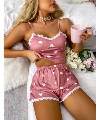 Kadın Pembe Askılı Şortlu Pijama Takım