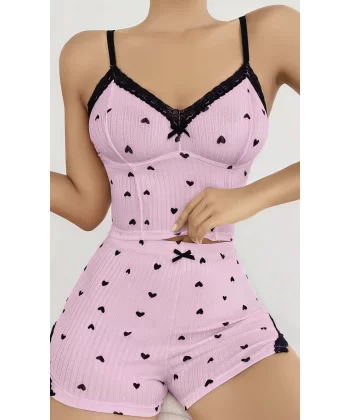 Kadın Pembe Kalp Desenli Askılı Şortlu Pijama Takım