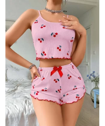 Kadın Pembe Kiraz Desenli Askılı Şortlu Pijama Takım