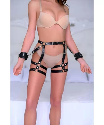 Kelepçeli Fantazi Harness, Deri Fantezi İç Giyim - Brf1022