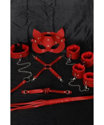 Kırmızı İçi Tüğlü Maske,kol,bacak,ağız Topu,kırbaç,tasma Set 700938