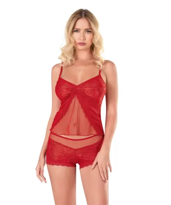 Kırmızı Jakarlı Babydoll Şort Takımı