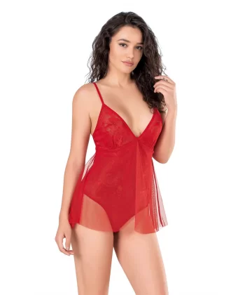 Kırmızı Jakarlı Bodysuit Gecelik