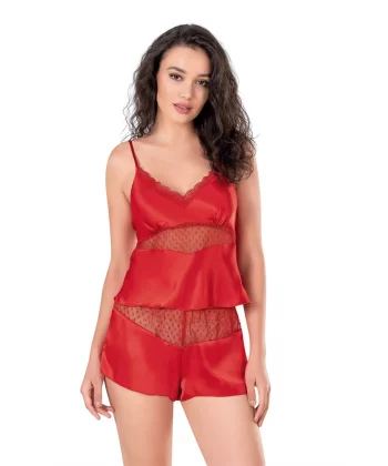 Kırmızı Saten Babydoll Şort Takımı