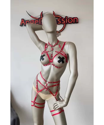 Kırmızı Seksi Elastik Jartiyer Harness Takım