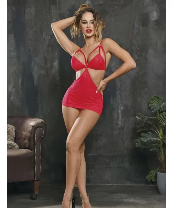 Kırmızı Simli Likralı Dantel Babydoll