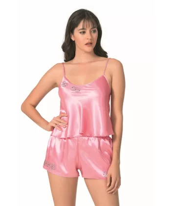 Koyu Pembe Saten Babydoll Şort Takımı