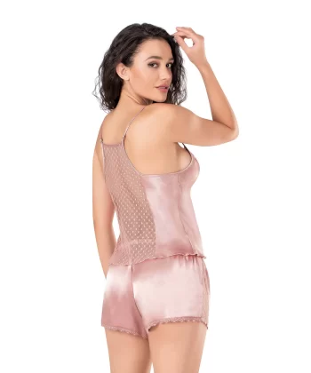 Koyu Pudra Saten Babydoll Şort Takımı