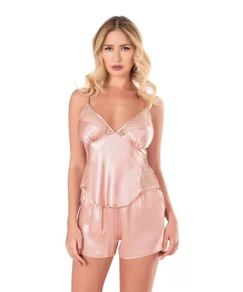 Koyu Pudra Saten Babydoll Şort Takımı