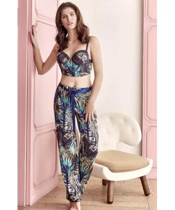 Lacivert Floral Desenli Büstiyerli Pijama Takımı 4152