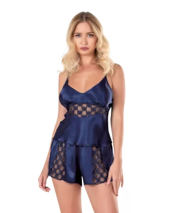 Lacivert Saten Babydoll Şort Takımı