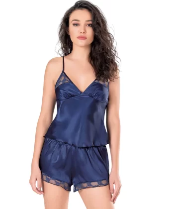 Lacivert Saten Babydoll Şort Takımı