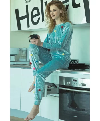 Mavi Ponpon Detaylı Kadife Pijama Takımı 9663