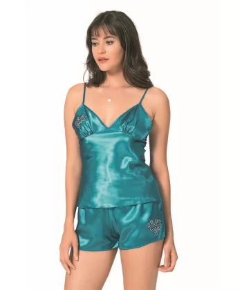 Petrol Saten Babydoll Şort Takımı