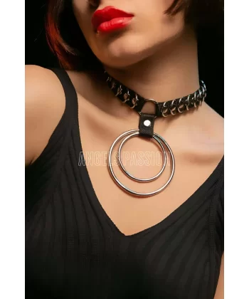 Şık Elastik Choker - Halka Detaylı Lastik Kolye - Şık Lastik Choker Harness - Brf576