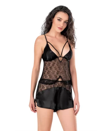 Siyah Saten Babydoll Şort Takımı