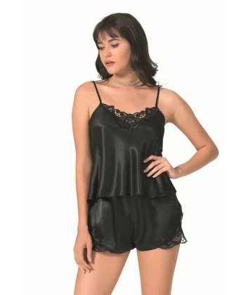 Siyah Saten Babydoll Şort Takımı