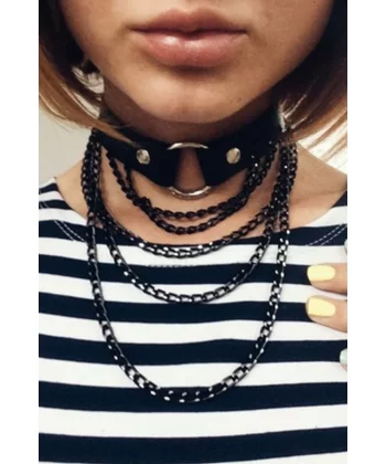 Siyah Zincir Detaylı Deri Choker - Brf664