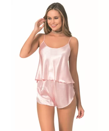 Somon Saten Babydoll Şort Takımı