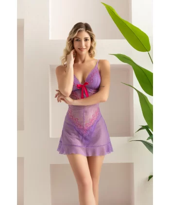 Transparan Babydoll String Takım Lila (mgp32096)