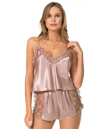 Vizon Saten Babydoll Şort Takımı