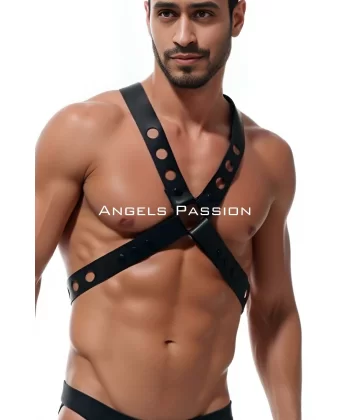 Yuvarlak Detaylı X Harness - Şık Erkek Göğüs Harness, Deri Harness - Brfm219