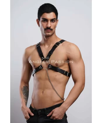 Zincir Detaylı Deri Erkek Göğüs Harness, Partywear, Clubwear - Brfm95