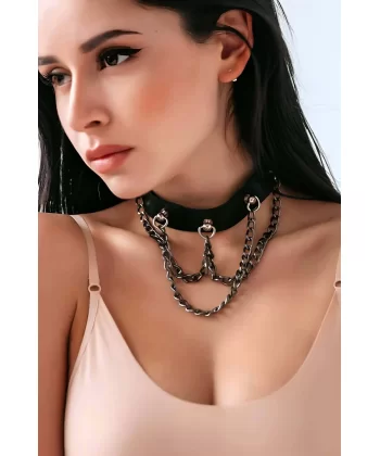 Zincirli Choker, Zincirli Deri Kolye, Tasma Harness - Apft1071