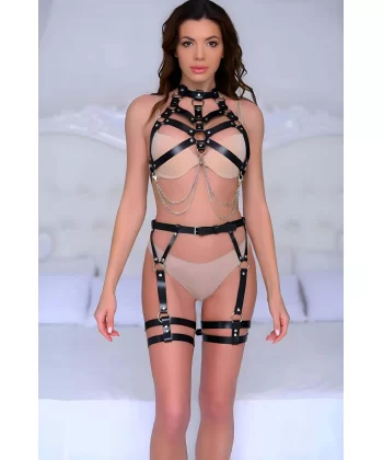 Zincirli Göğüs Ve Seksi Jartiyer Harness Takım - Brf1040