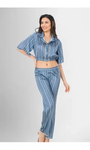 2li Desenli Saten Pijama Takımı