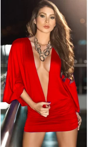 B100915 Kırmızı Derin Göğüs Dekolteli Elbise