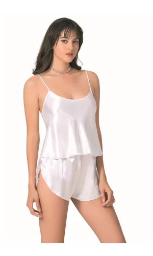 Beyaz Saten Babydoll Şort Takımı