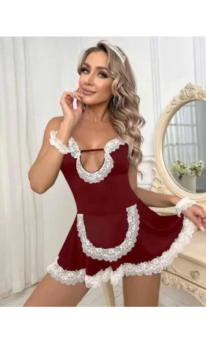 Bordo Beyaz Aksesuarlı Dantelli Fantezi Hizmetçi Kostümü