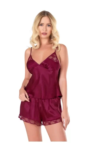 Bordo Saten Babydoll Şort Takımı