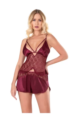 Bordo Saten Babydoll Şort Takımı