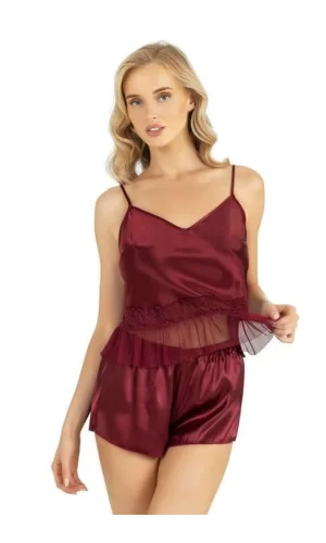 Bordo Saten Şort Takımı 9209