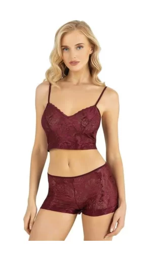 Bordo Saten Şort Takımı 9219