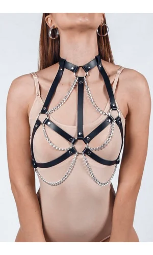 Boyunluklu Zincirli Fantazi Harness Deri Sütyen 1121