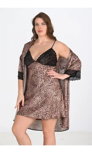 Büyük Beden 2li Leopar Sabahlık Takımı Bigsize 6203