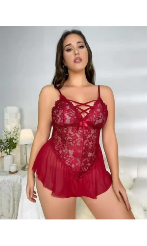Büyük Beden Bordo Dantel İşlemeli Fırfırlı Fantezi Babydoll
